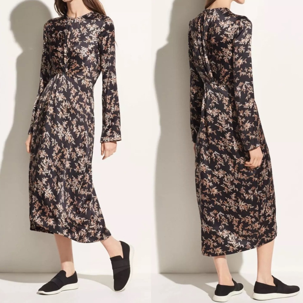Vince Black and Cream Floral Midi Dress